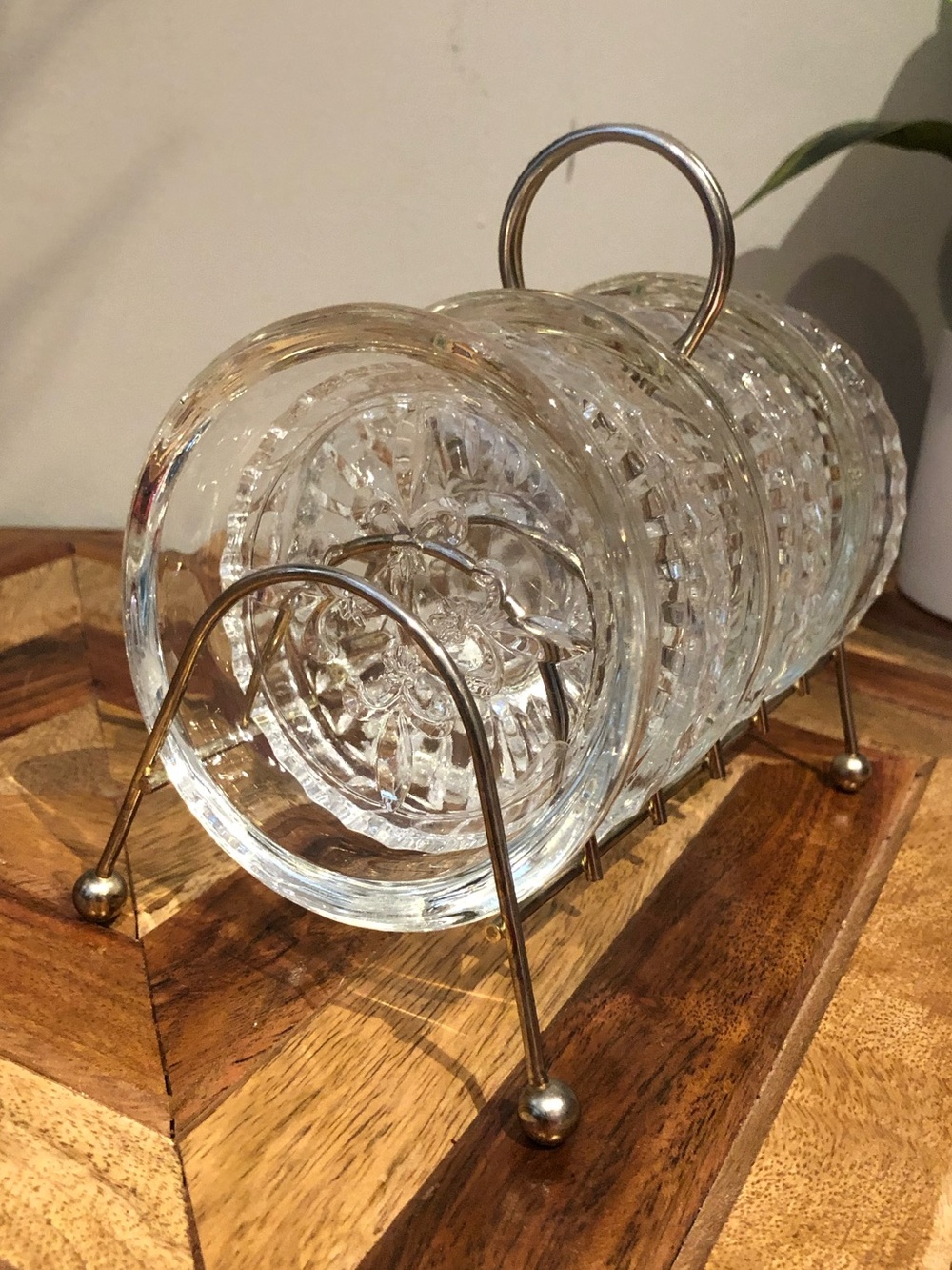 MCM Clear Pressed-Glass Coaster Set with Silver Caddy Rack